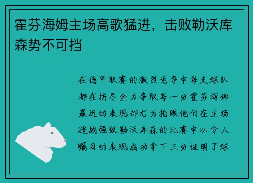 霍芬海姆主场高歌猛进，击败勒沃库森势不可挡